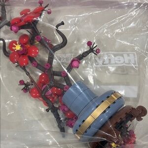 Legos Blue and Brown Decorative Tree Sculpture with Red Blossoms